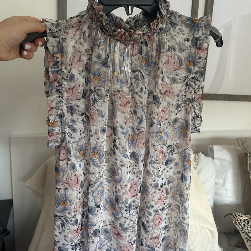 Elan Floral Ruffle Sleeve Blouse - Pink, Blue, Gray